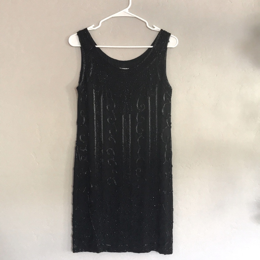 DKNY Black Silk Beaded Shift Dress